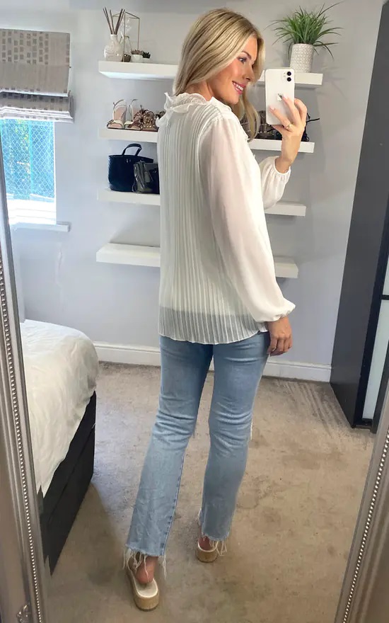 White Ruffle Front Pleated Blouse - Image 5
