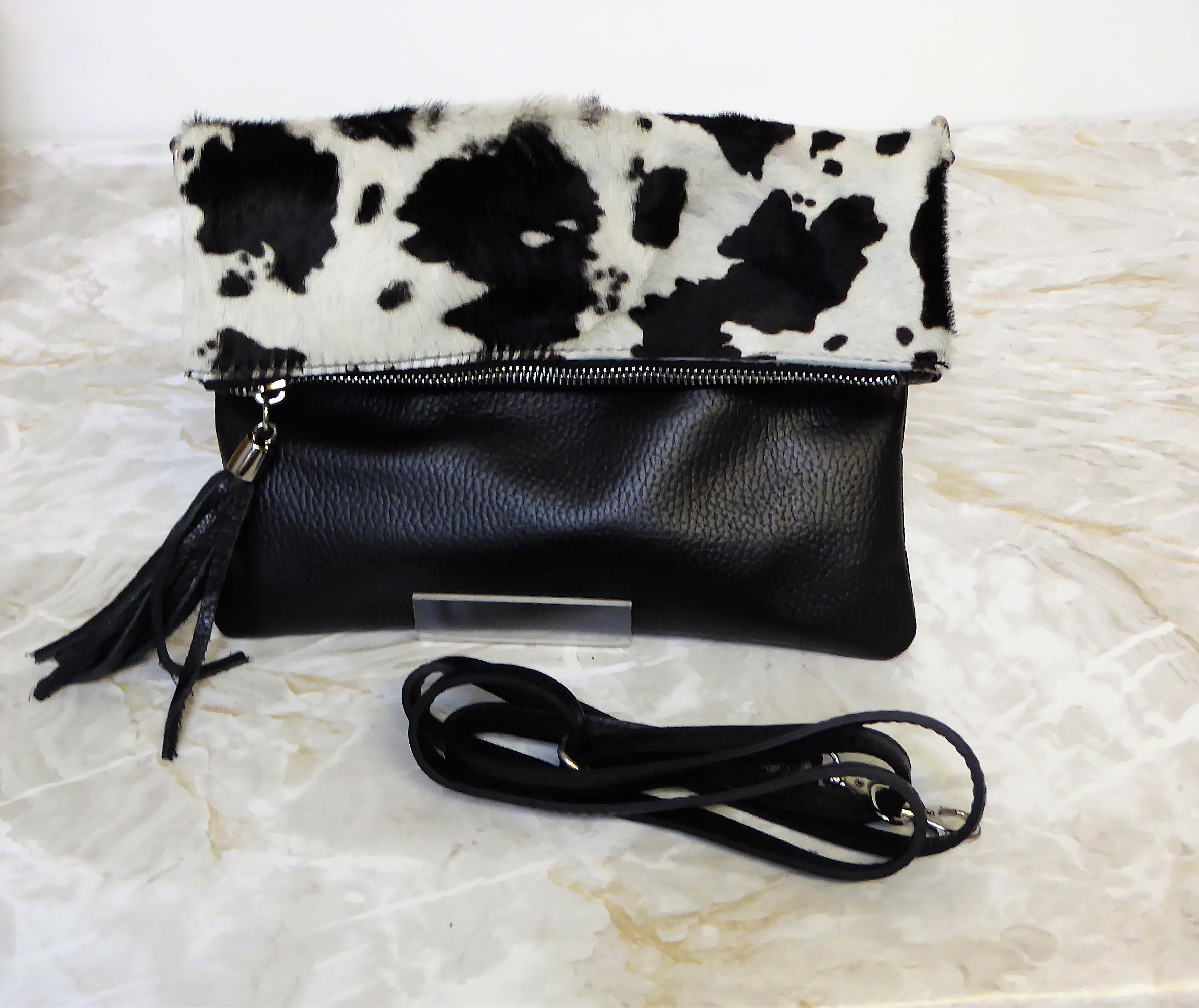 Black and White Cowhide Clutch Bag - Image 7