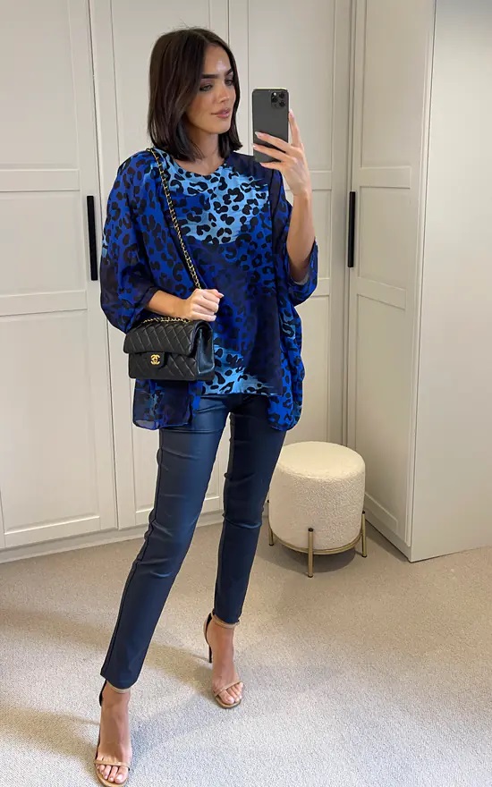 Blue Leopard Chiffon Print Oversized Lottie Top