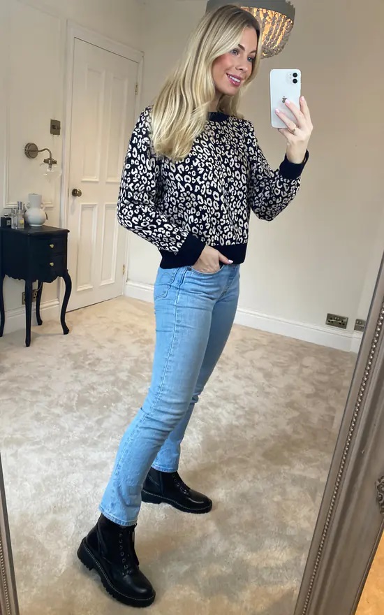 Black Cropped Leopard Print Knit Jumper - Image 4