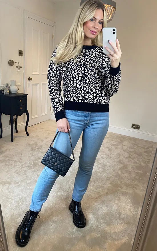 Black Cropped Leopard Print Knit Jumper