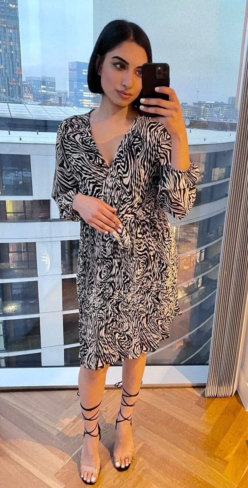 Black Zebra Print Pleated Mini Dress