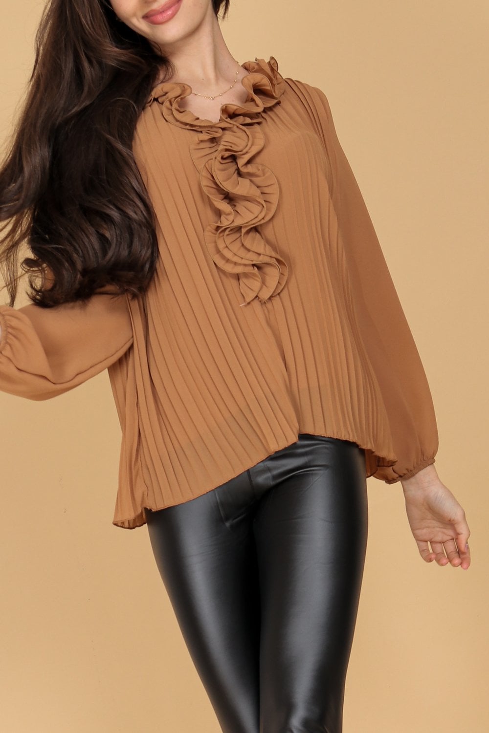 Brown Ruffle Front Pleated Blouse - Image 4