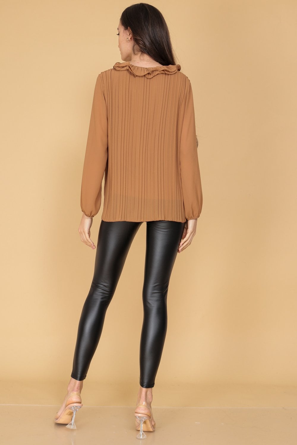 Brown Ruffle Front Pleated Blouse - Image 6
