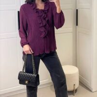 Purple Ruffle Front Pleated Blouse