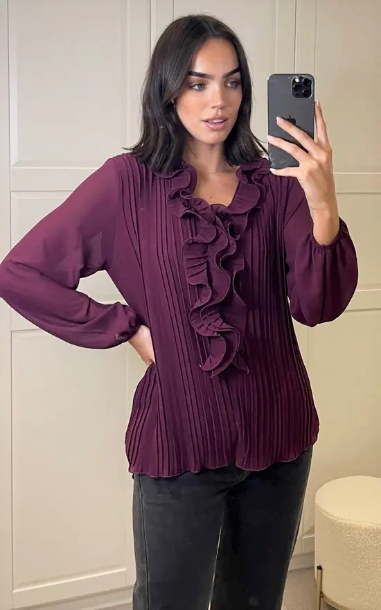 Purple Ruffle Front Pleated Blouse - Image 4