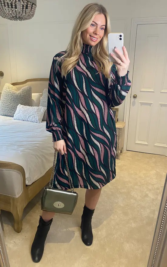 Oversized Green Wave Print High Neck Tunic Dress