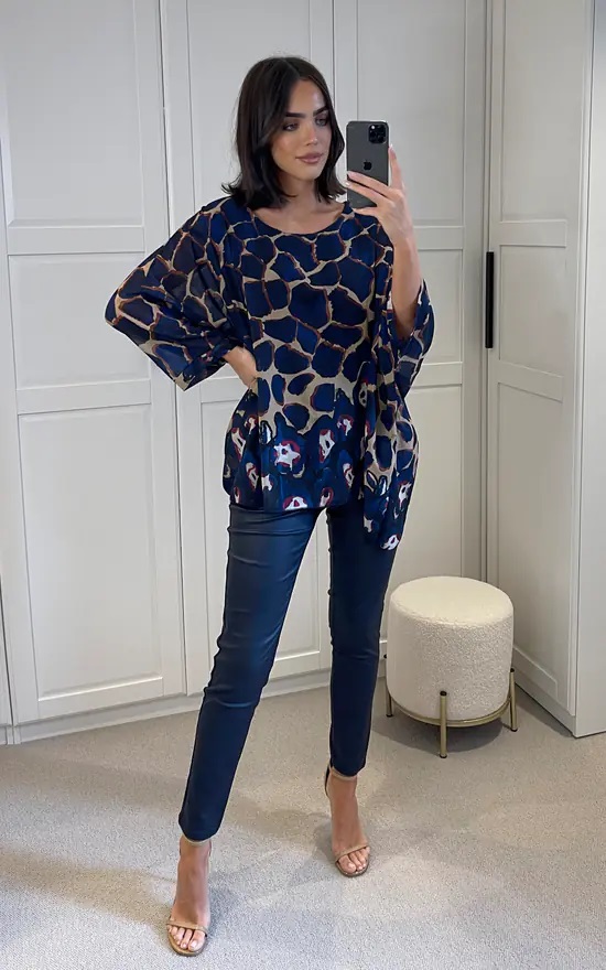 Blue Giraffe Chiffon Print Oversized Lottie Top