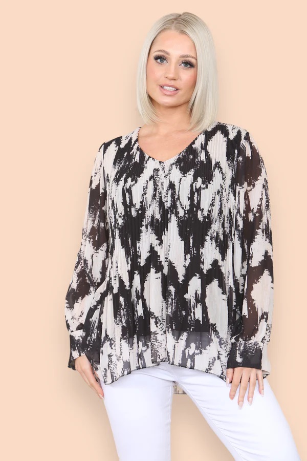 Black Abstract Chiffon Pleated Top - Image 2