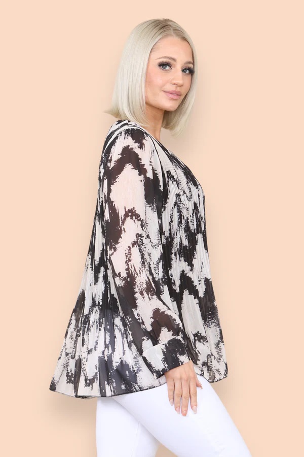 Black Abstract Chiffon Pleated Top - Image 3