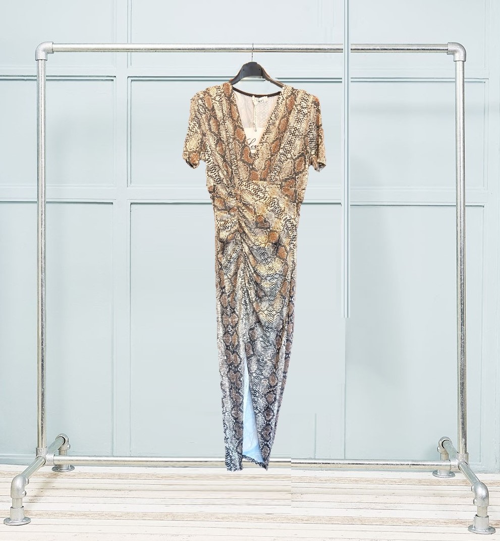 Brown Snakeskin Rouched Wrap Dress