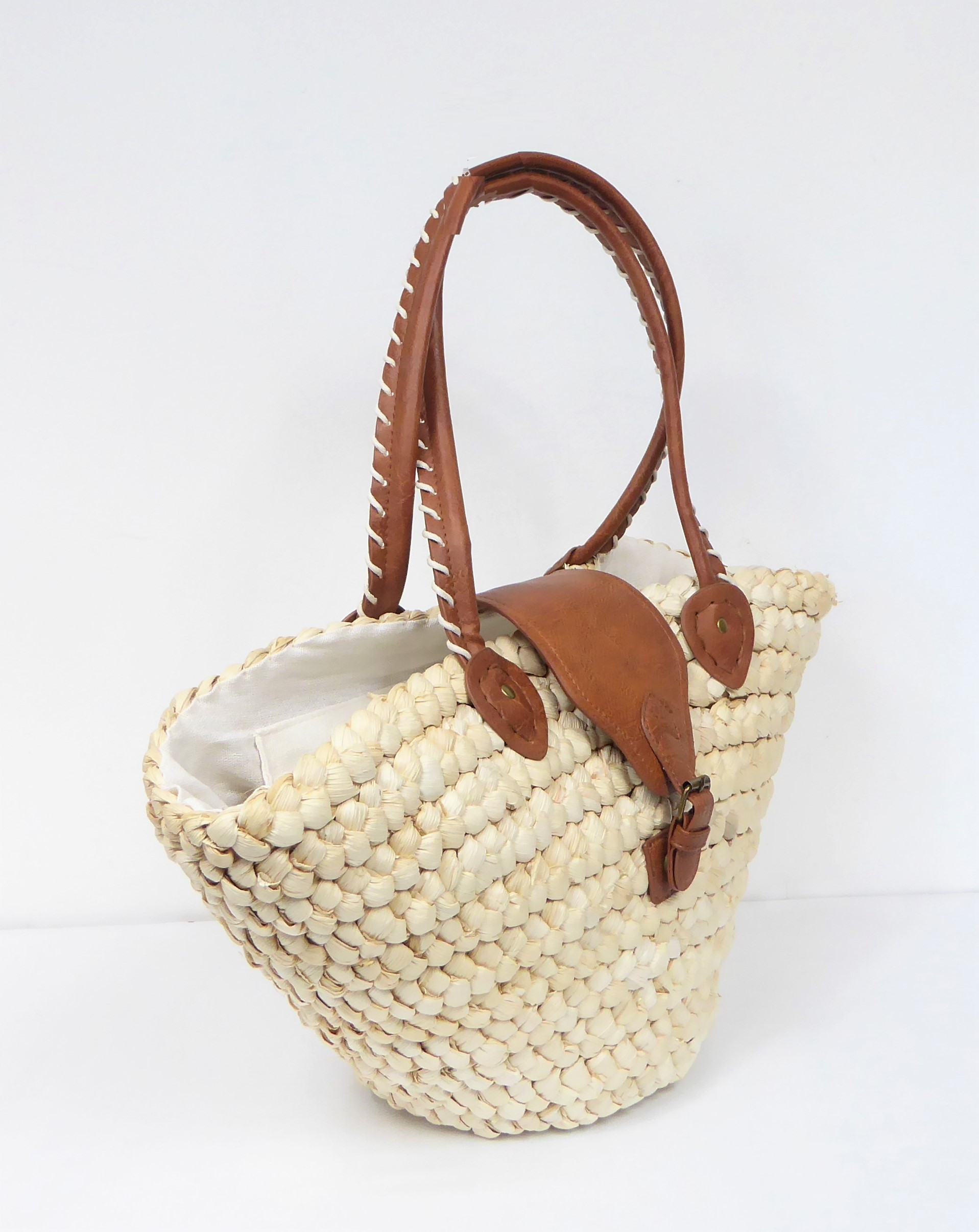 Natural Straw Basket Bag with Faux Leather Detail - Image 3