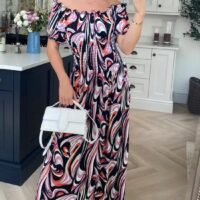 Oversized Black Pucci Print Slinky Bardot Maxi Dress