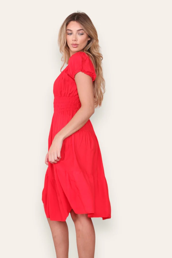 Red Plain Midi Bardot Dress - Image 2