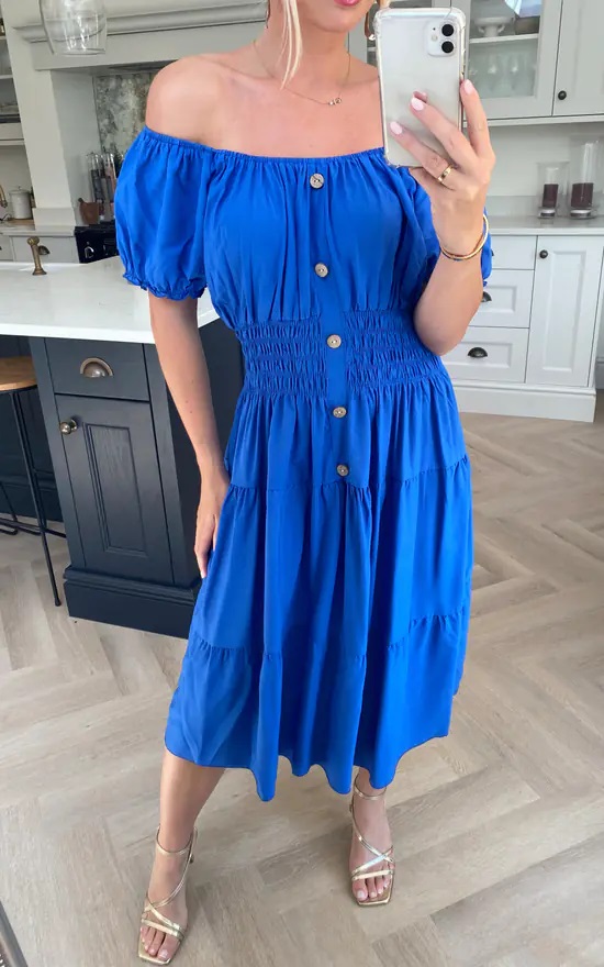 Royal Blue Plain Midi Bardot Dress - Image 2