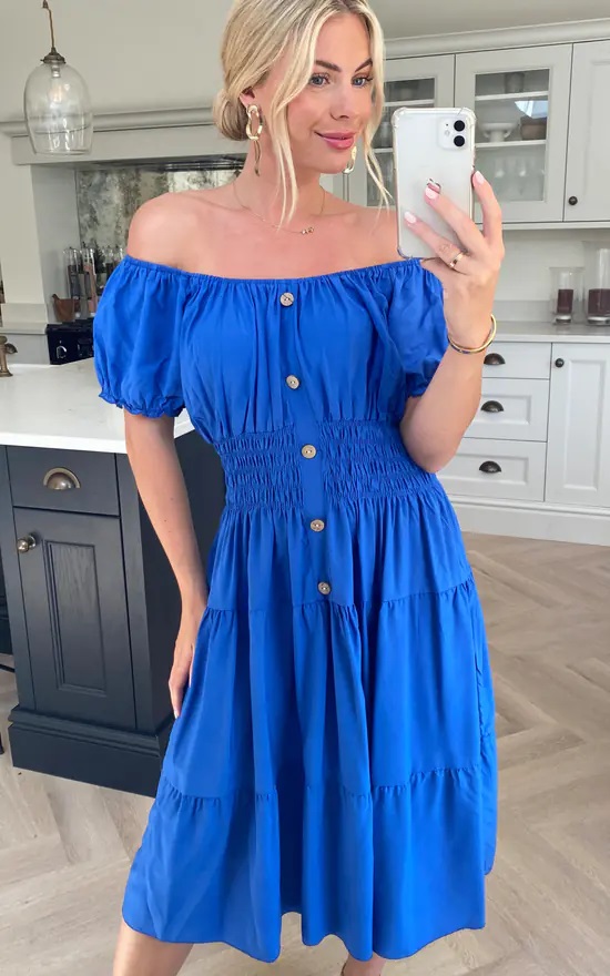 Royal Blue Plain Midi Bardot Dress - Image 3