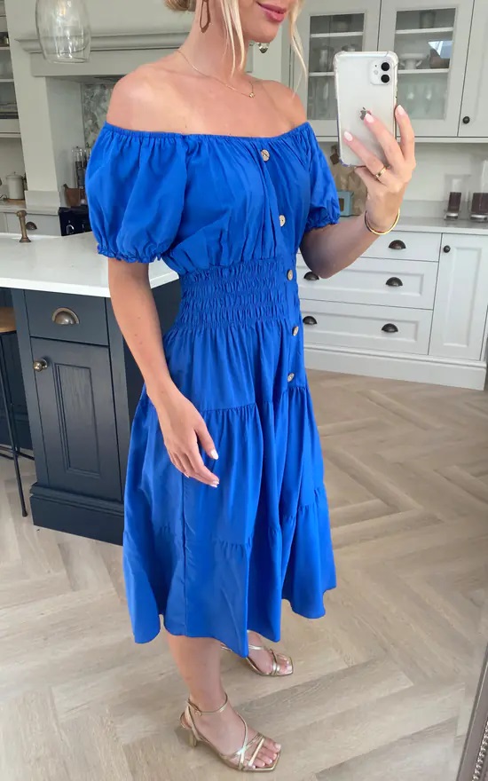 Royal Blue Plain Midi Bardot Dress - Image 4