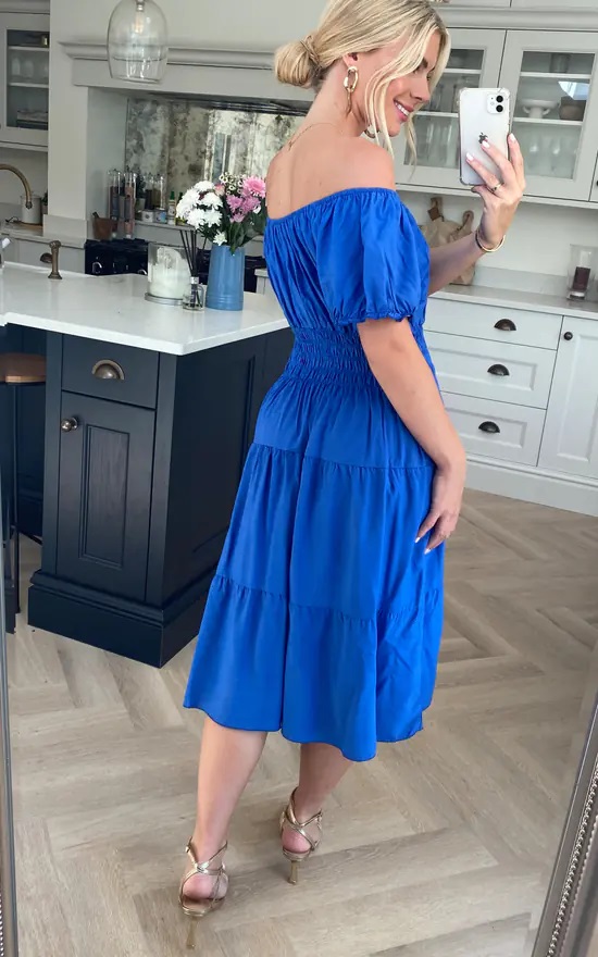 Royal Blue Plain Midi Bardot Dress - Image 5