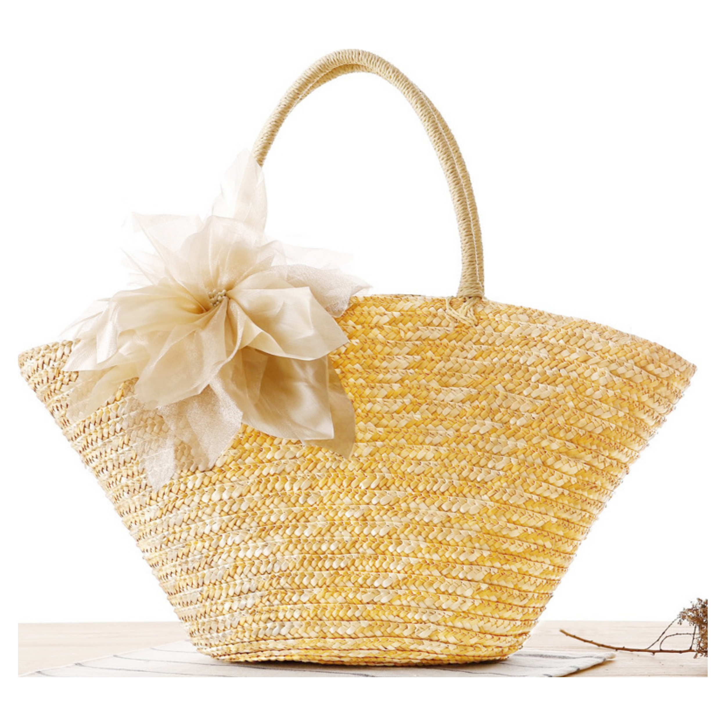 Straw Basket Bag with Flower Detail - Image 2