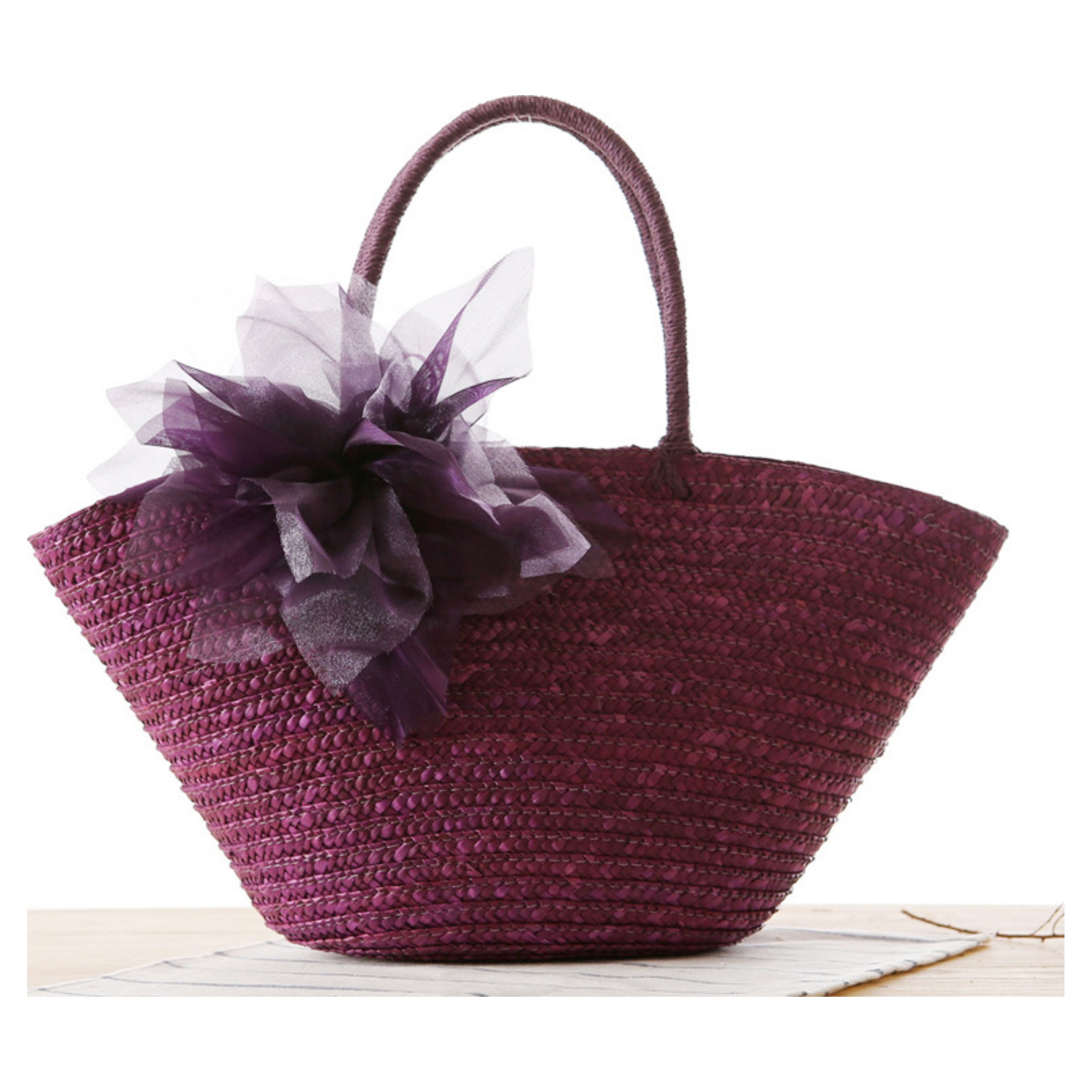 Straw Basket Bag with Flower Detail - Image 4