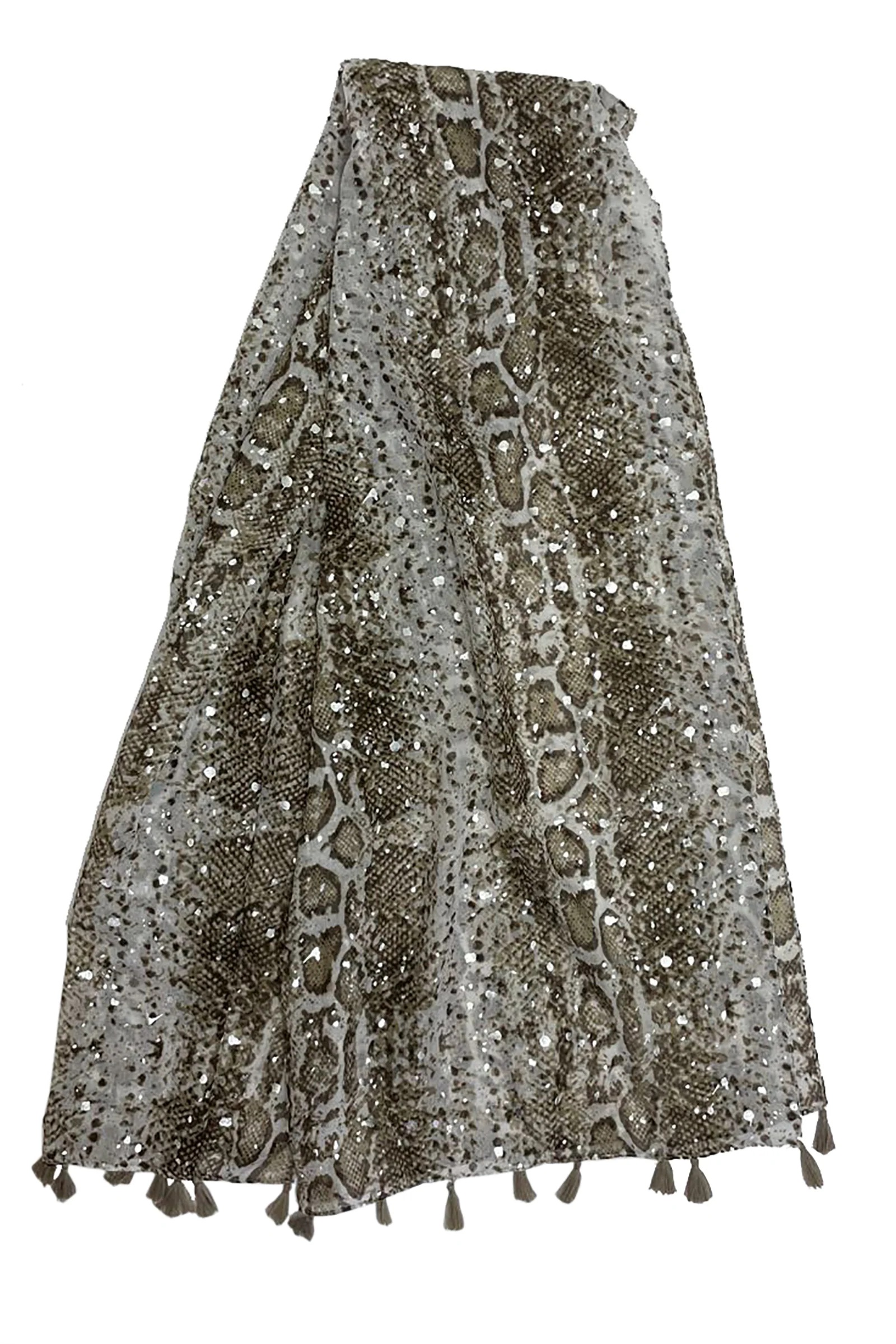 Silver Foiled Snakeskin Print Tassel Scarf