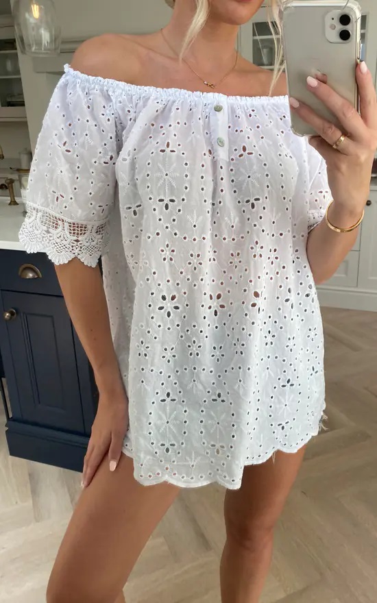 White Embroider Anglais Bardot Cotton Top - Image 3