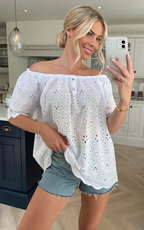White Embroider Anglais Bardot Cotton Top - Image 4