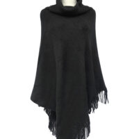 Black High Roll Neck Plain Tassel Knitted Poncho