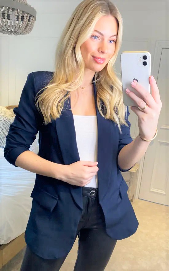 French Navy Rouched Sleeve Blazer - Image 3