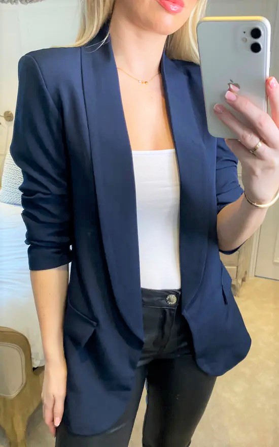 French Navy Rouched Sleeve Blazer - Image 4