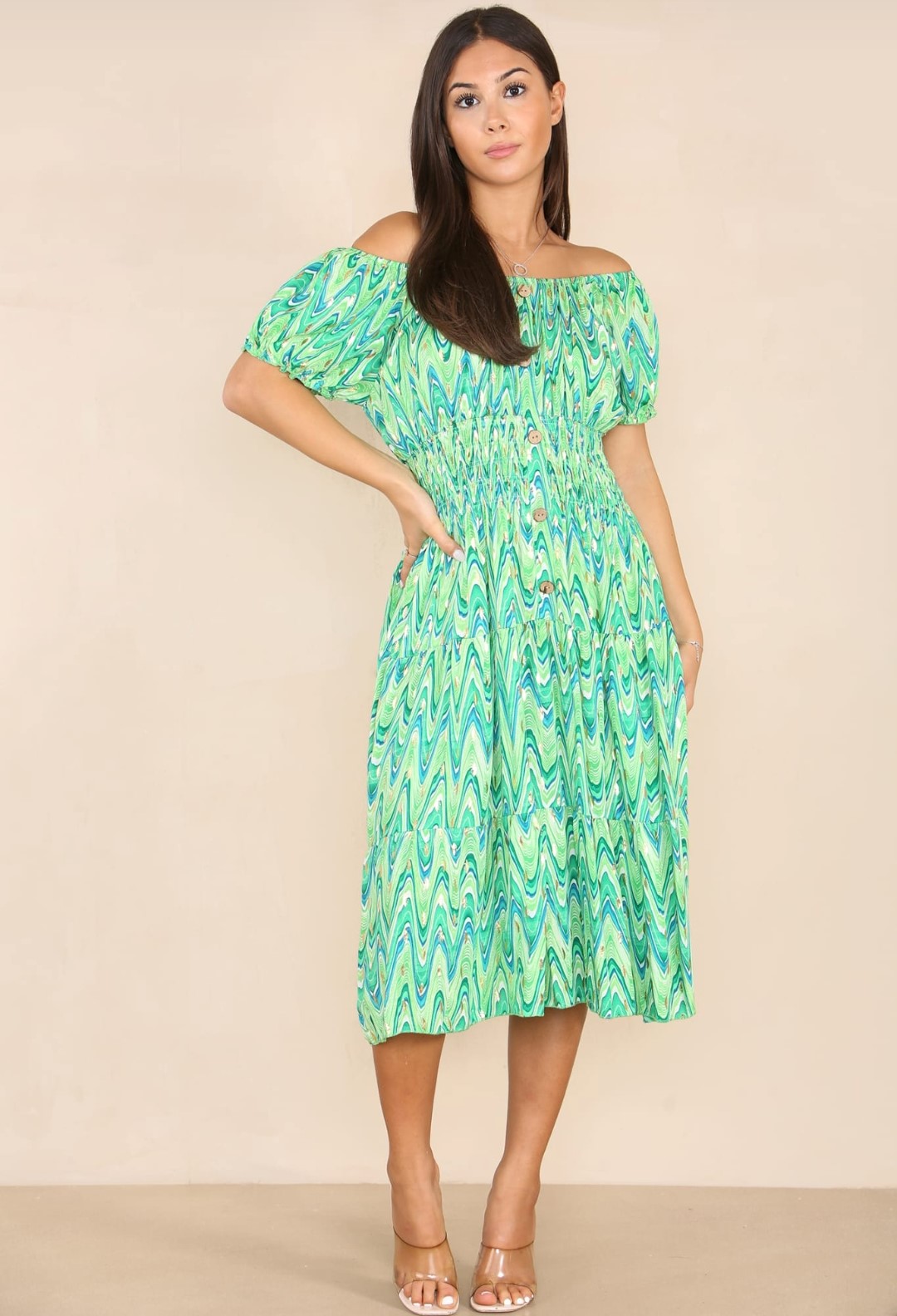 Green Amara Gold Foil Bardot Midi Dress
