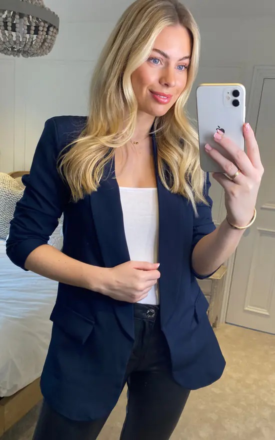Navy Rouched Sleeve Blazer - Image 3