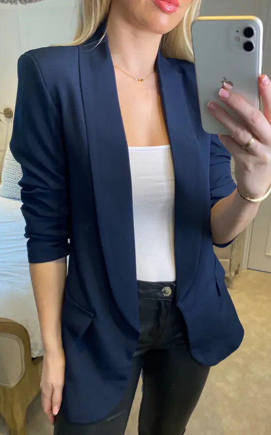 Navy Rouched Sleeve Blazer - Image 4