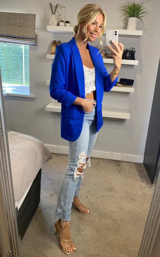 Royal Blue Rouched Sleeve Blazer - Image 4