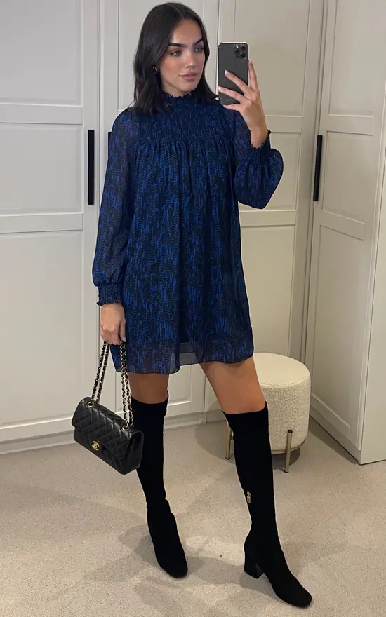 Printed High Neck Rouched Long Sleeve Dress - Image 3
