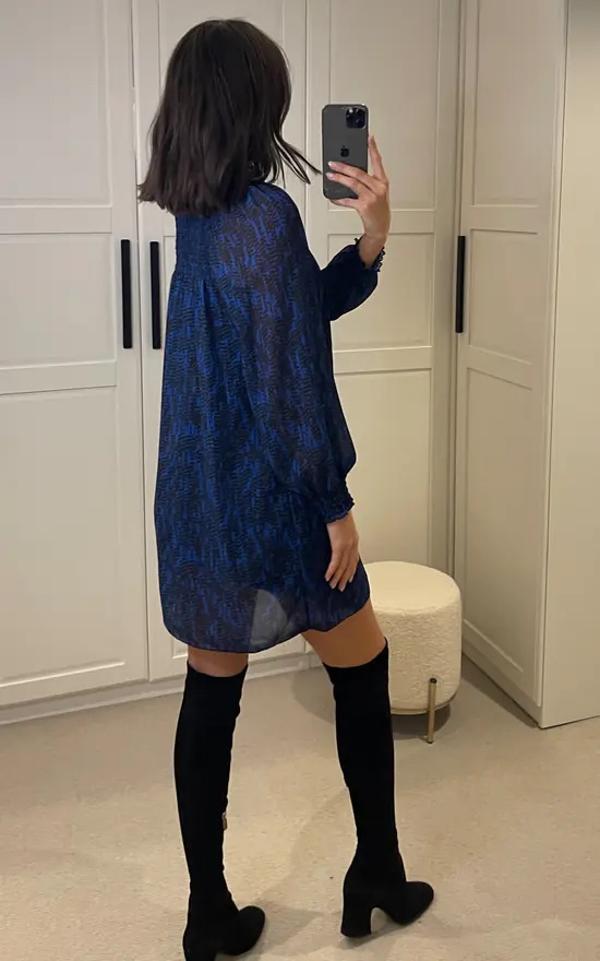 Printed High Neck Rouched Long Sleeve Dress - Image 4