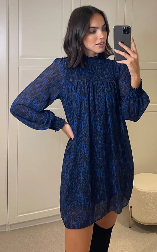 Printed High Neck Rouched Long Sleeve Dress - Image 5