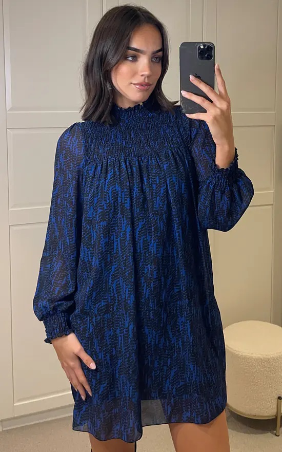 Printed High Neck Rouched Long Sleeve Dress - Image 6