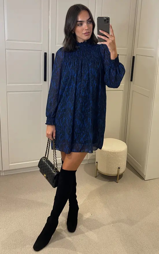 Printed High Neck Rouched Long Sleeve Dress - Image 8