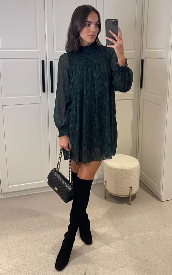 Printed High Neck Rouched Long Sleeve Dress - Image 9