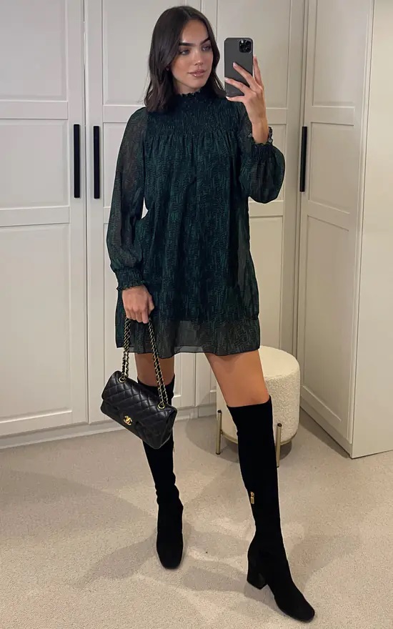 Printed High Neck Rouched Long Sleeve Dress - Image 10