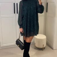 Printed High Neck Rouched Long Sleeve Dress