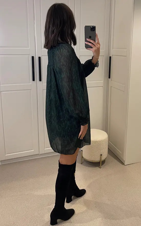 Printed High Neck Rouched Long Sleeve Dress - Image 11