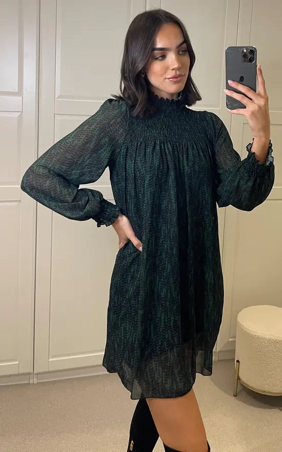Printed High Neck Rouched Long Sleeve Dress - Image 12