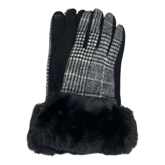 Black and White Tartan Print Faux Fur Gloves