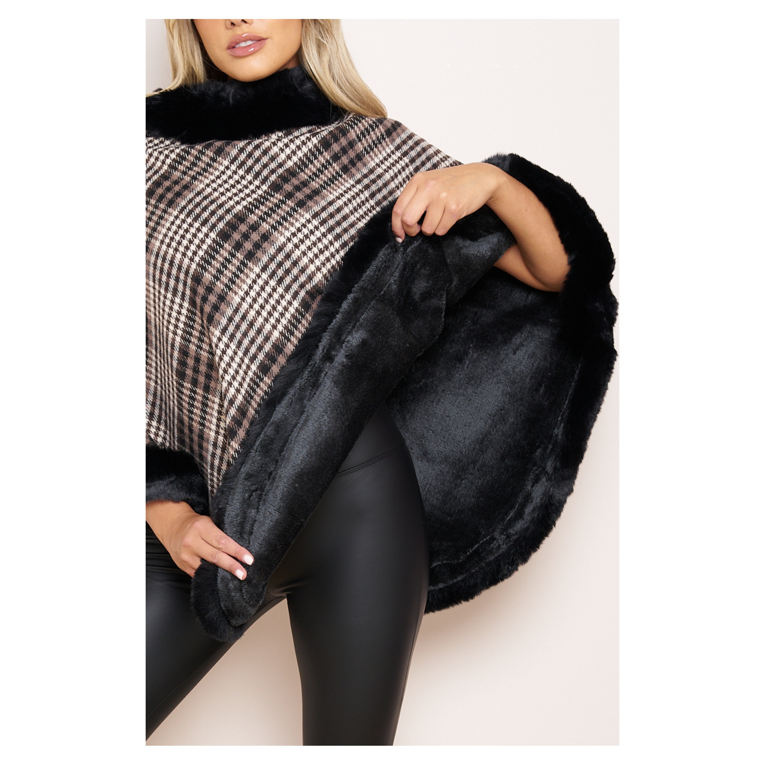 Check Fleeced Lined Faux Fur Poncho - Image 4