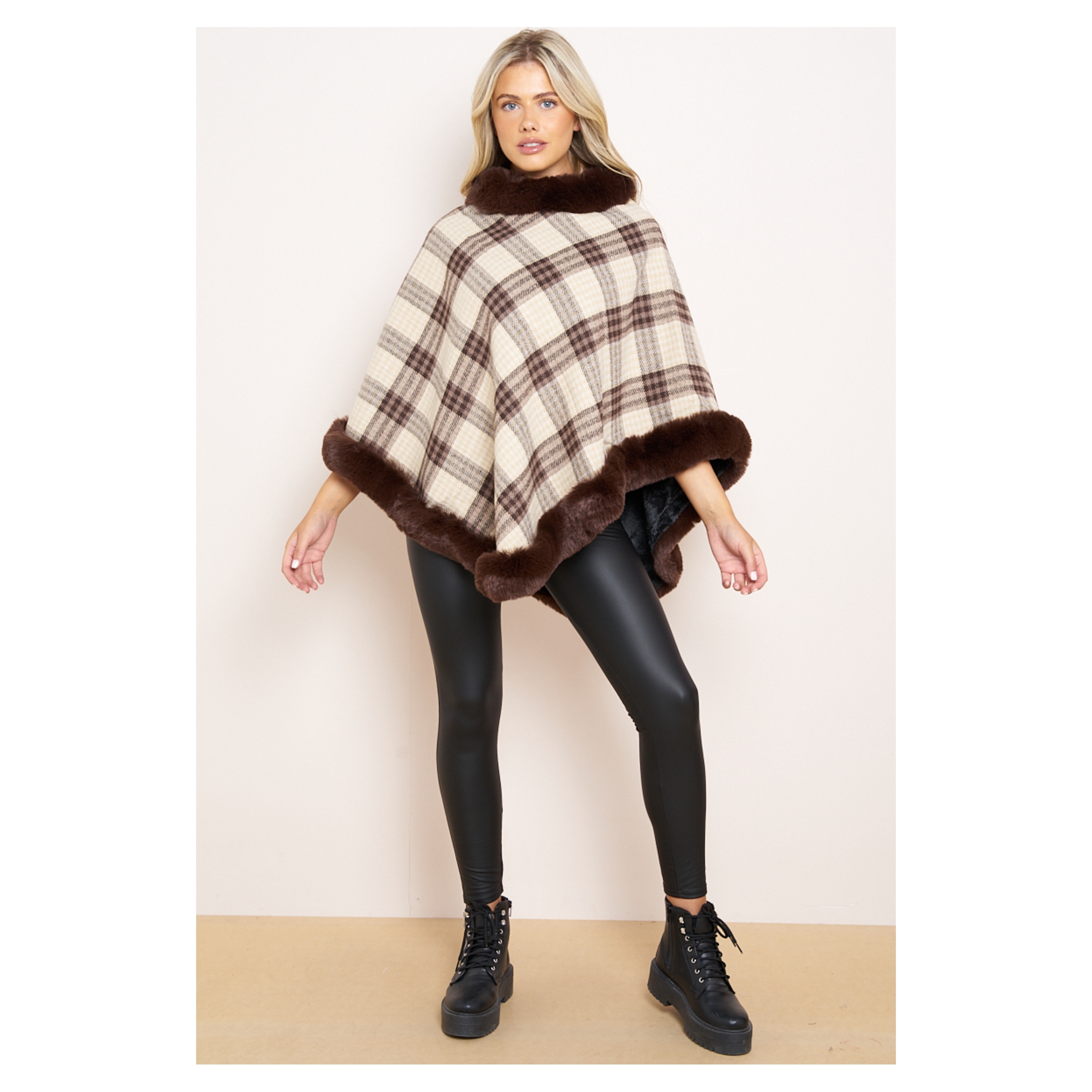 Check Fleeced Lined Faux Fur Poncho - Image 5