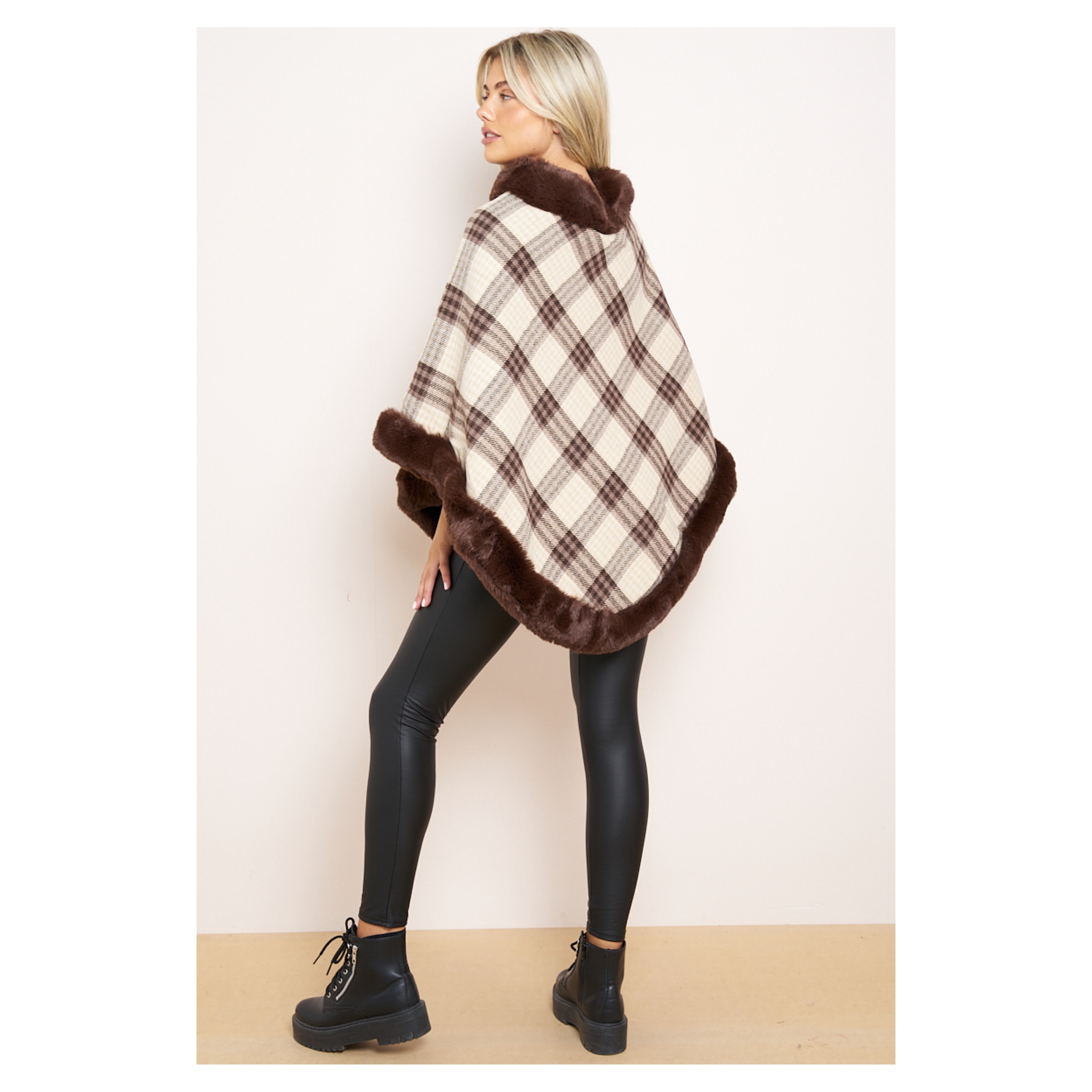 Check Fleeced Lined Faux Fur Poncho - Image 8