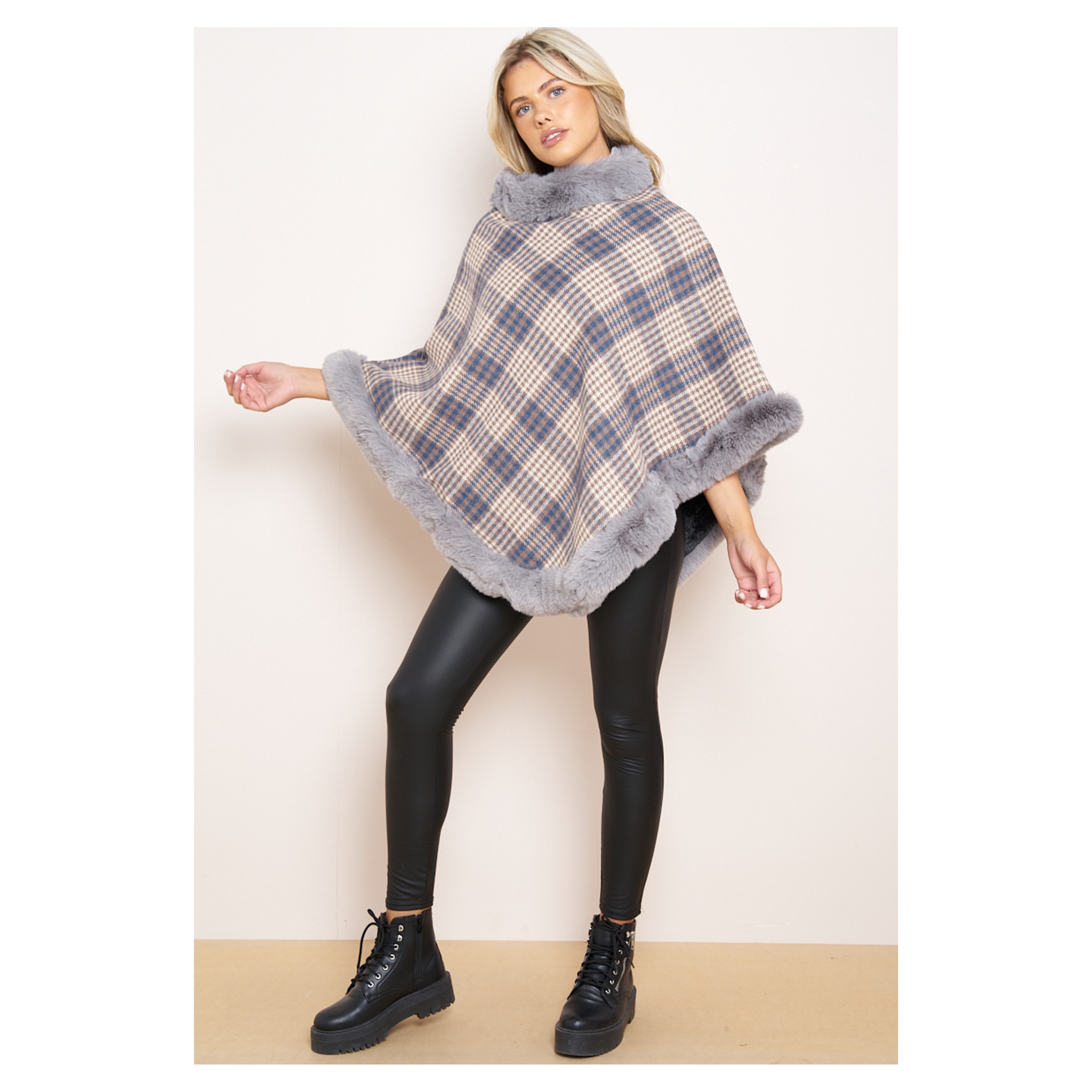 Check Fleeced Lined Faux Fur Poncho - Image 7