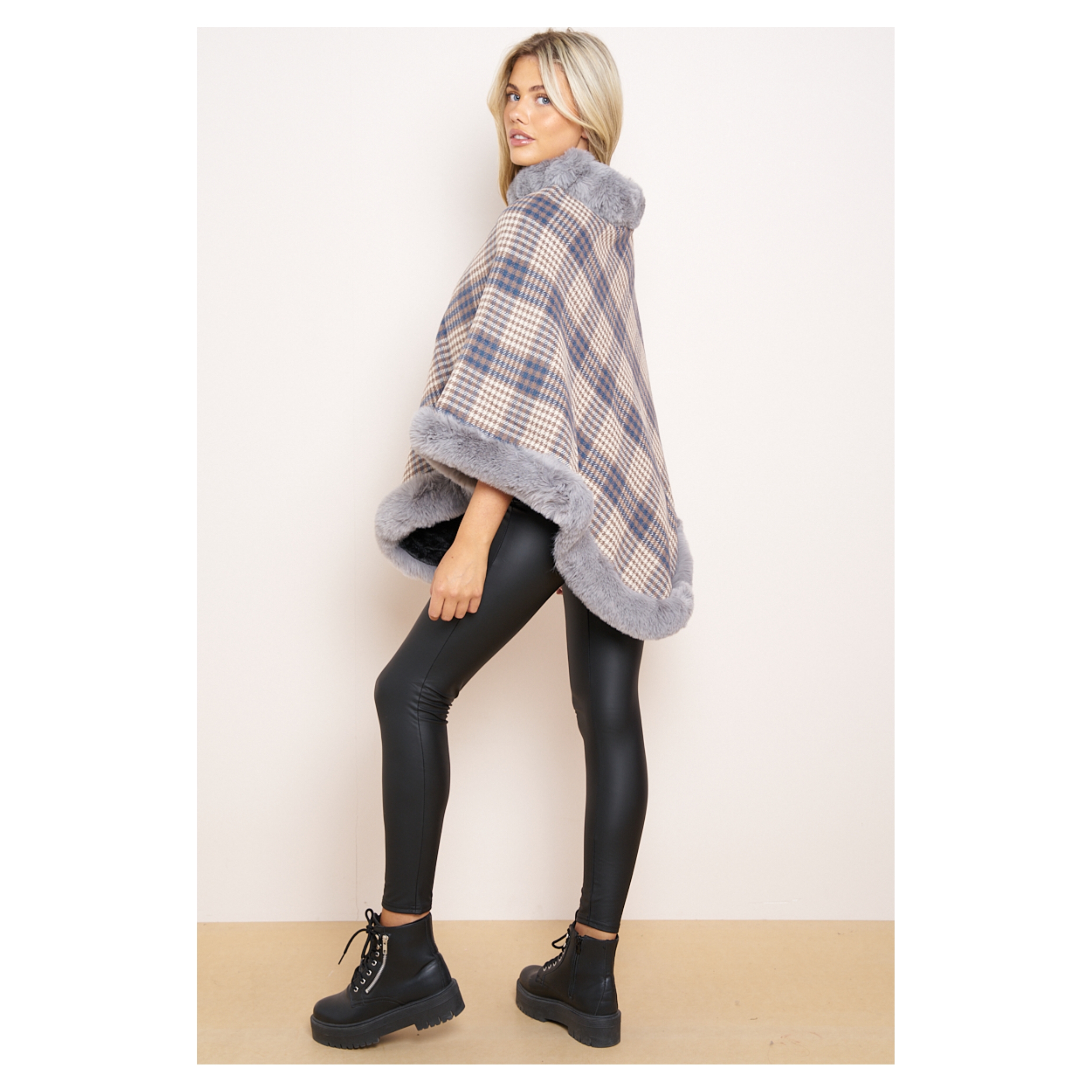 Check Fleeced Lined Faux Fur Poncho - Image 10